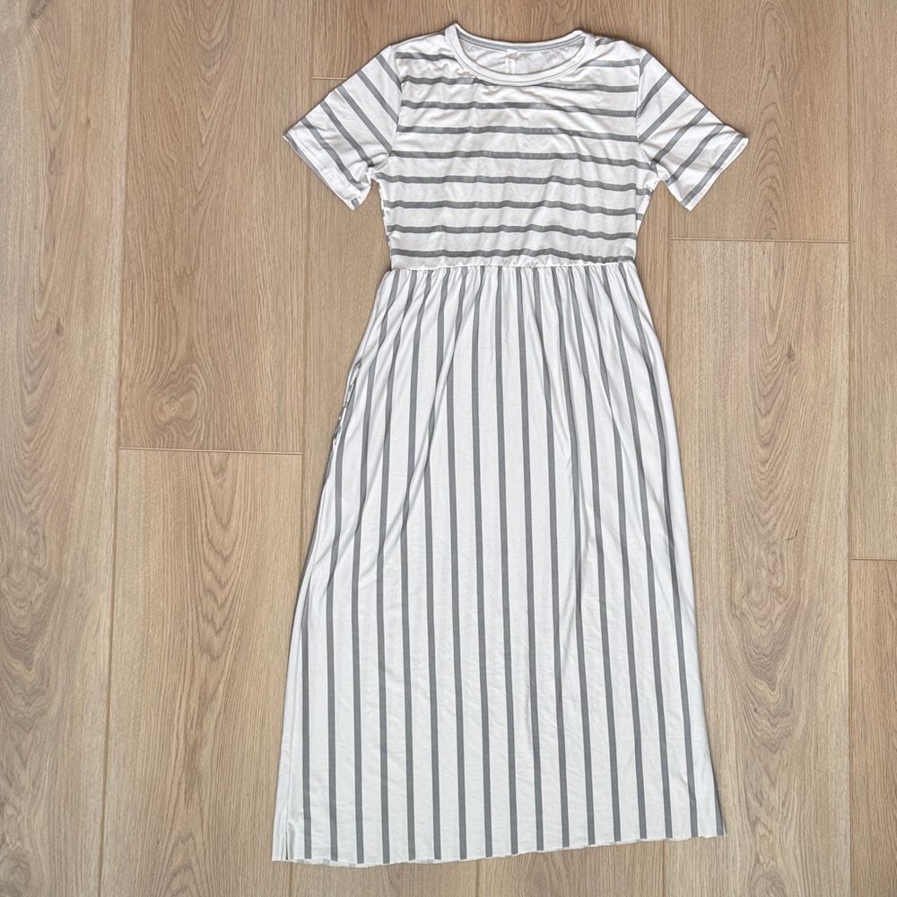 Pinkblush White + Heather Grey Striped Maternity Midi Dress, Summer Sundress